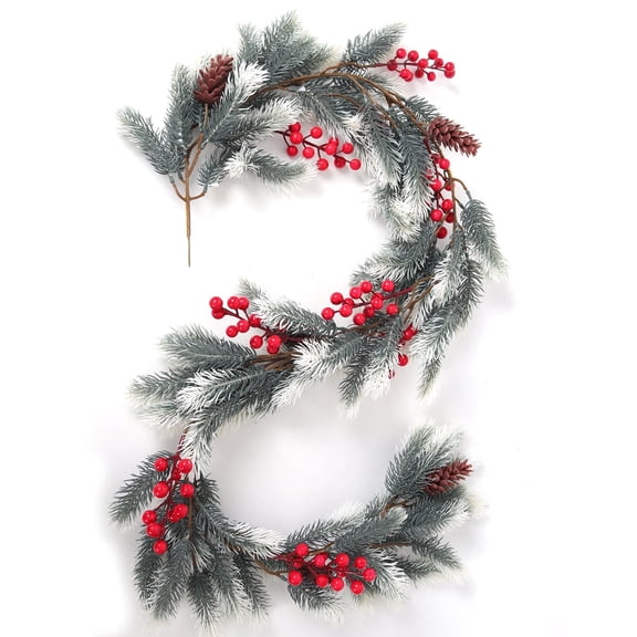 RECUTMS Evergreen Pine Needle Vine Red Berry Christmas Fireplace Decor Winter Berry Garland Pinecones for Faux Garland Ideal for Living Room and Corridor Seasonal Decor(White)