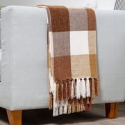 RECYCO Buffalo Paid Chenille Throw Blanket for Couch, Soft Cozy Decorative Buffalo Check Blanket Throw with Tassels for Bed Sofa, Plaid Brown Off White, 50'' x 