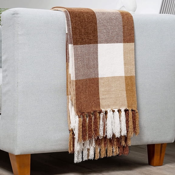 RECYCO Buffalo Paid Chenille Throw Blanket for Couch, Soft Cozy Decorative Buffalo Check Blanket Throw with Tassels for Bed Sofa, Plaid Brown Off White, 50'' x 60''