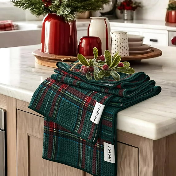 RECYCO Christmas Waffle Kitchen Towel Set of 2 - Quick Dry Microfiber Sustainable Dish Towels - Ultra Absorbent Reusable Cleaning Tea Towels - Lightweight Hand Towels,16”x 28”, Stewart Plaid Green