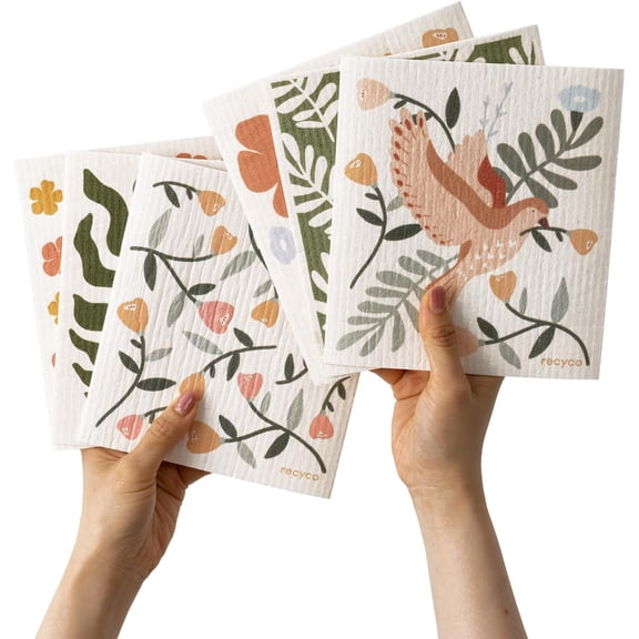 RECYCO Swedish Dishcloths for Kitchen | 6 Pack Birdsong and Blooms Washable Dish Rags | Cellulose Reusable Cleaning Paper Towels | Absorbent Counter Dish Cloth Sponge Kitchen Wipes, 8" L x 7" W