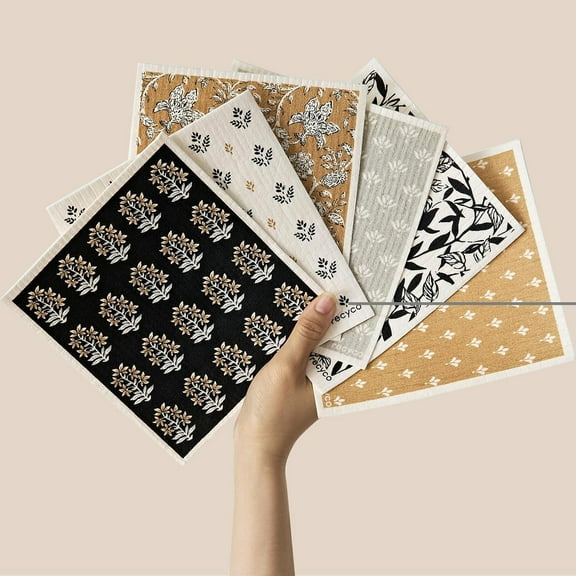 RECYCO Swedish Dishcloths for Kitchen | 6 Pack Heritage Florals Neutral Washable Dish Rags | Cellulose Reusable Cleaning Paper Towels | Absorbent Counter Dish Cloth Sponge Kitchen Wipes, 8" L x 7" W