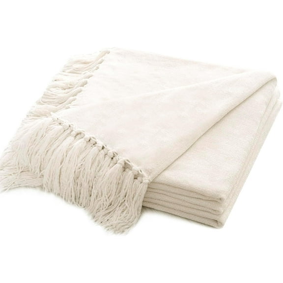 RECYCO Throw Blanket Soft Cozy Chenille Throw Blanket with Fringe Tassel for Couch Sofa Chair Bed Living Room (Ivory White, 60" x 80")