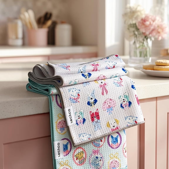 RECYCO Waffle Kitchen Towel Set of 2 - Quick Dry Microfiber Sustainable Dish Towels - Ultra Absorbent Reusable Cleaning Tea Towels - Lightweight Hand Towels,16”x 28”, Puppy Joy