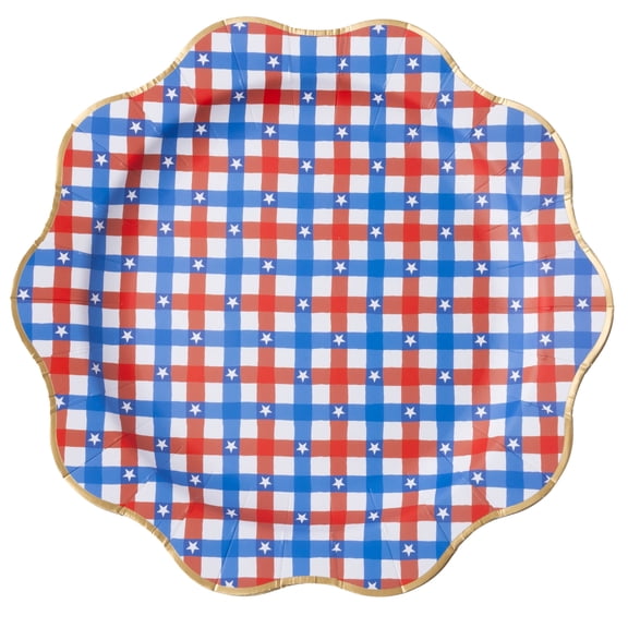 Bonjour Fte Red & Blue Star Gingham Dinner Plates, Disposable Paper Party Plates, Pack of 8, 11 inch, 4th of July