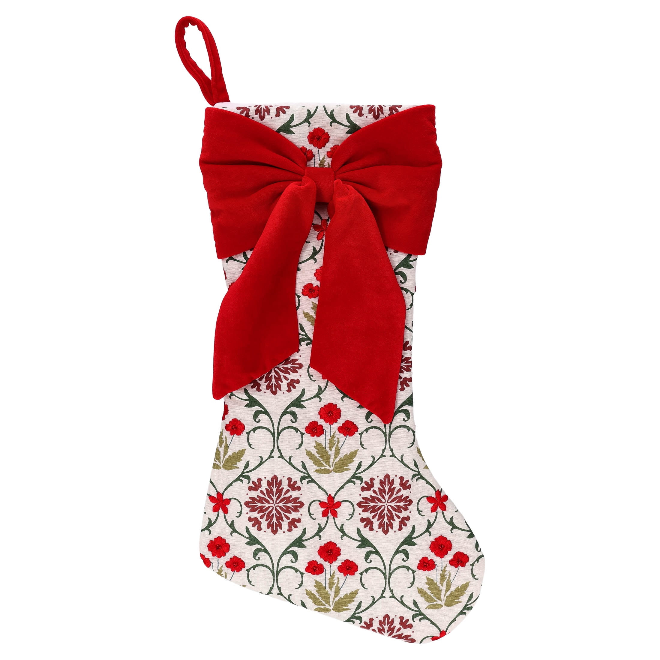 Floral Pattern Christmas Stocking with Velvet Bow, Multicolor, 19", by Holiday Time