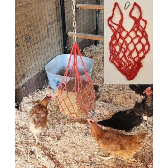 RED Chicken Coop Flock Block Bird Seed Hanging Bag Veggie Treat Holder - Poultry Feeder Toy Accessories Cabbage Bowl Sack - Holds 25 lb Pound Bird Seed Blocks, Poultry Run Wildlife Feeder