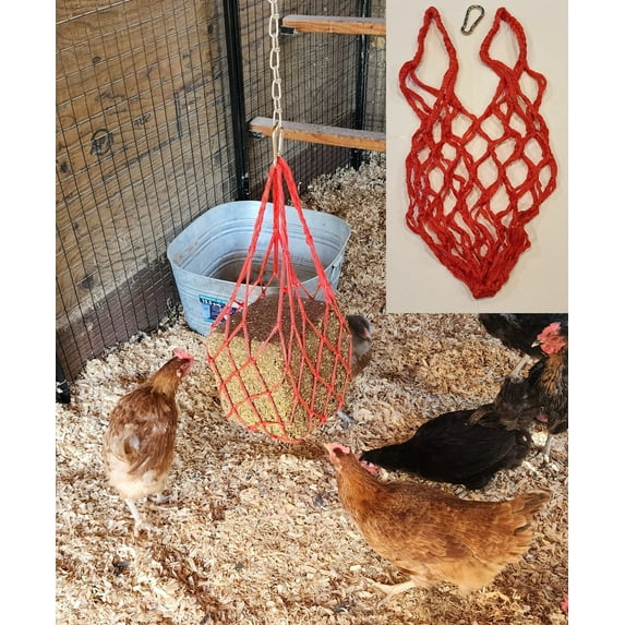 RED Chicken Coop Flock Block Bird Seed Hanging Bag Veggie Treat Holder - Poultry Feeder Toy Accessories Cabbage Bowl Sack