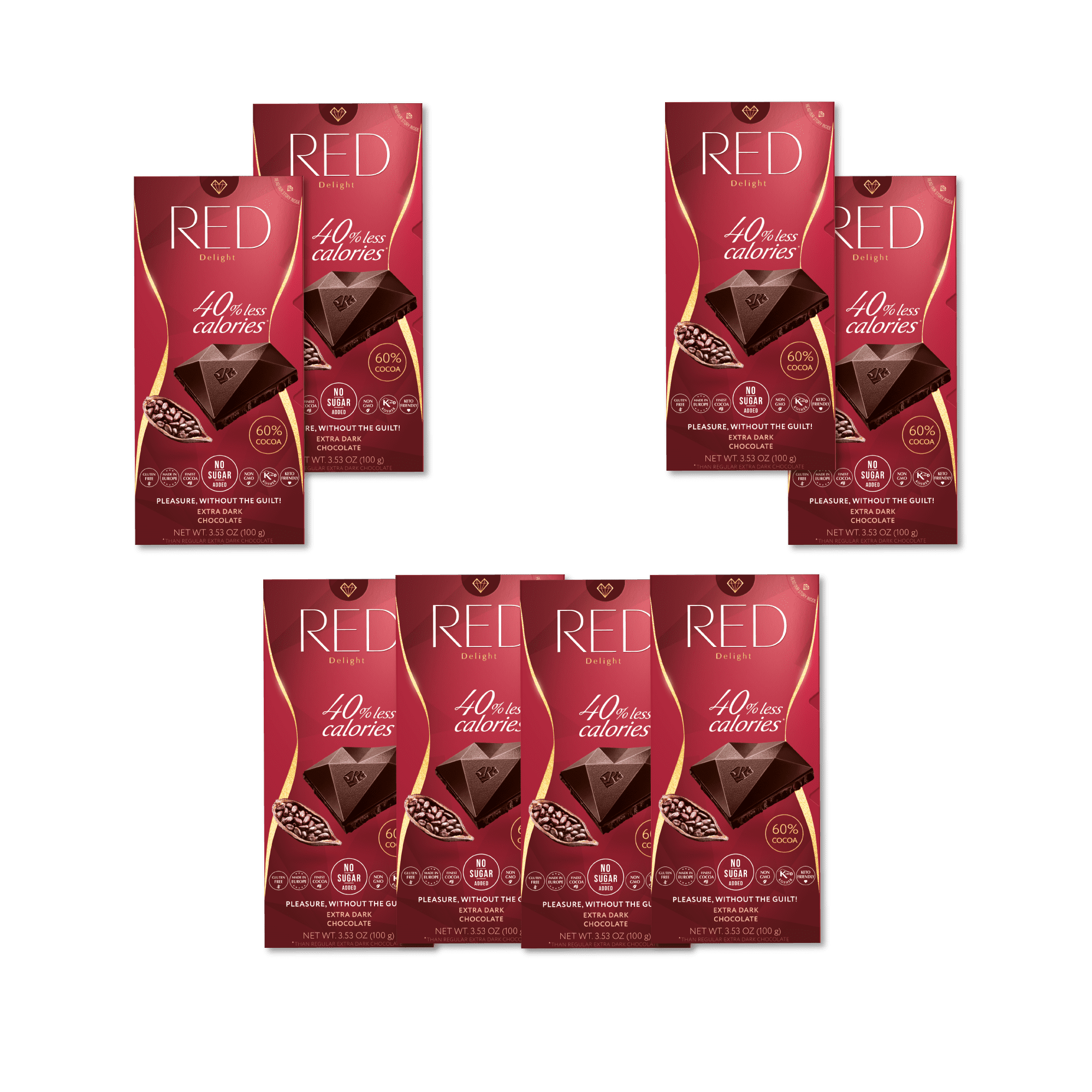 RED Chocolate 60 Extra Dark Chocolate, Keto Friendly Piece Count 8