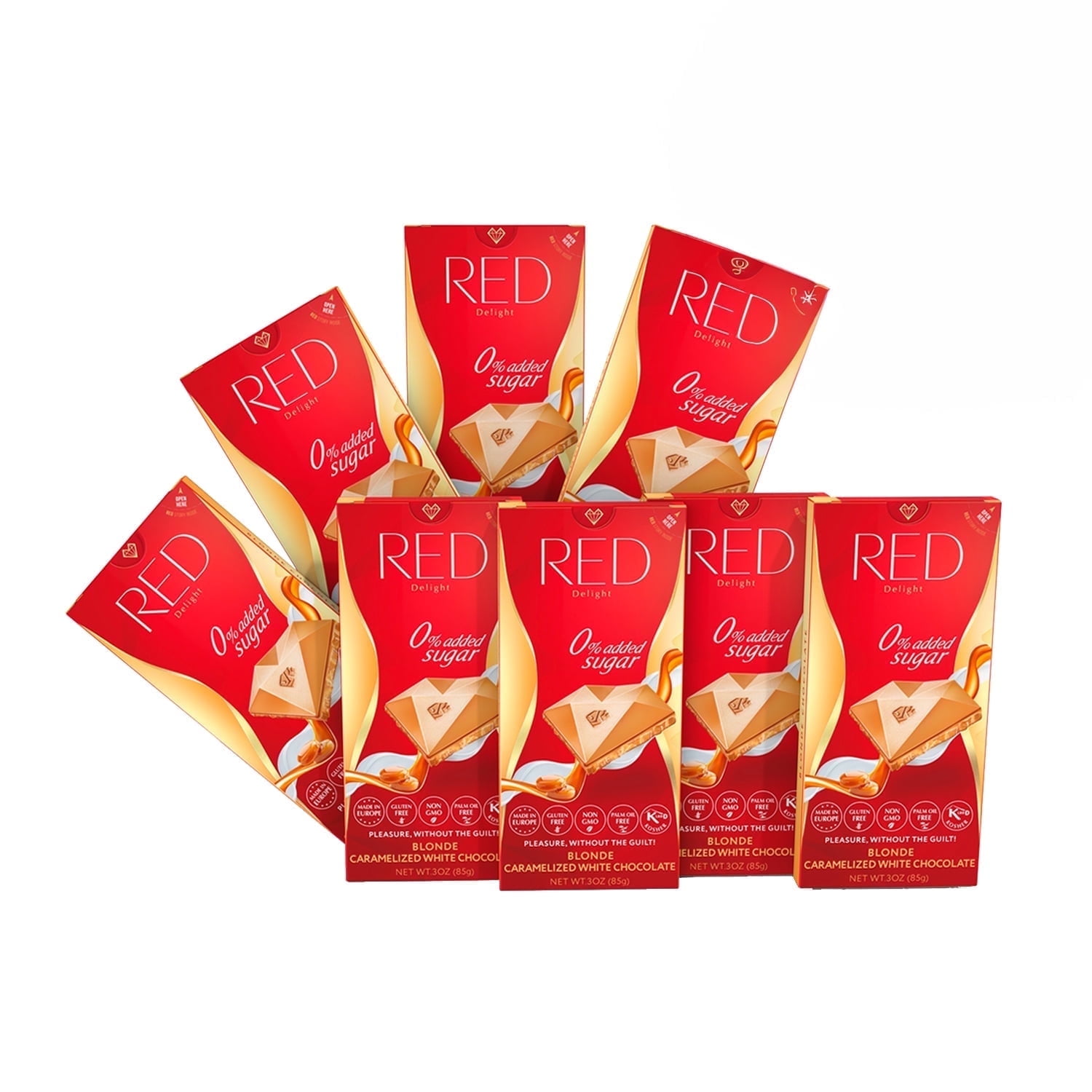 RED Chocolate Blonde Caramelized White Chocolate, NON-GMO - Piece Count: 8 Pack - Size: 3oz (85g) each
