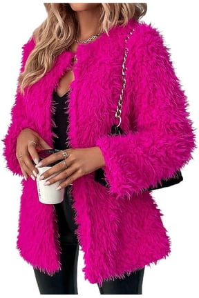 E - Plus Size Open Front Statement Waterfall Collar Long Sleeves Fuzzy Coat Jacket Hot Pink Fuchsia
