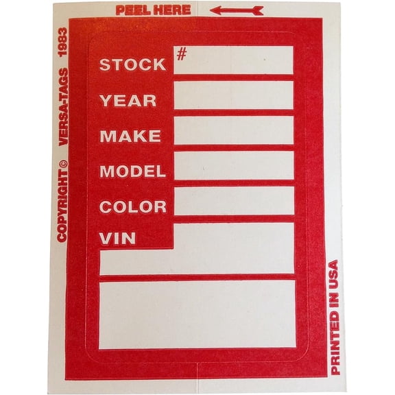 RED Dealer Stock Sticker Versa-Tags Stock Tag Versa Decal 100 Kleer-Bak Clear