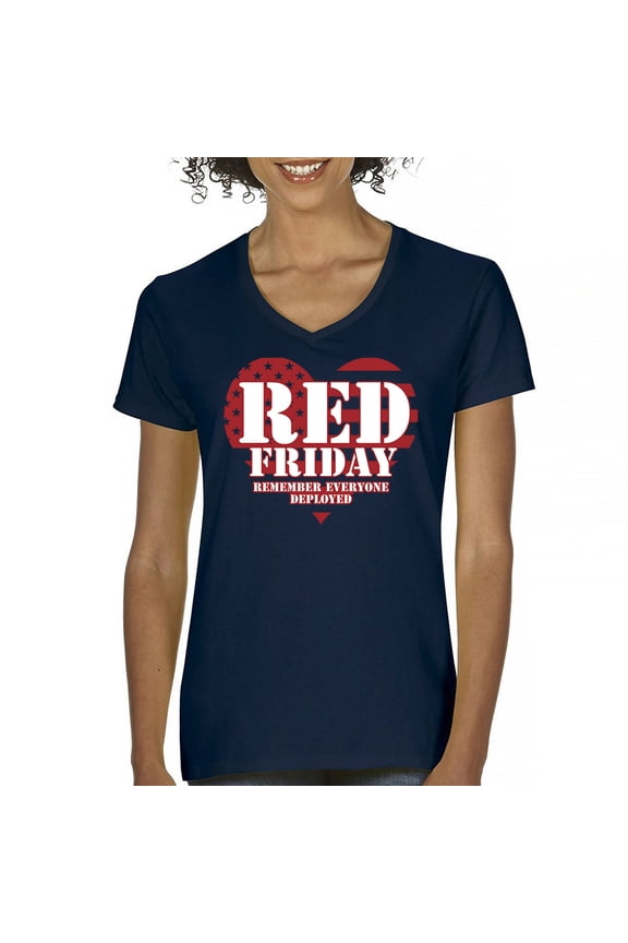 RED Friday Remember Everyone Deployed Women's V-Neck T-shirt Until They All Come Home Military US Flag American Patriot Tee
