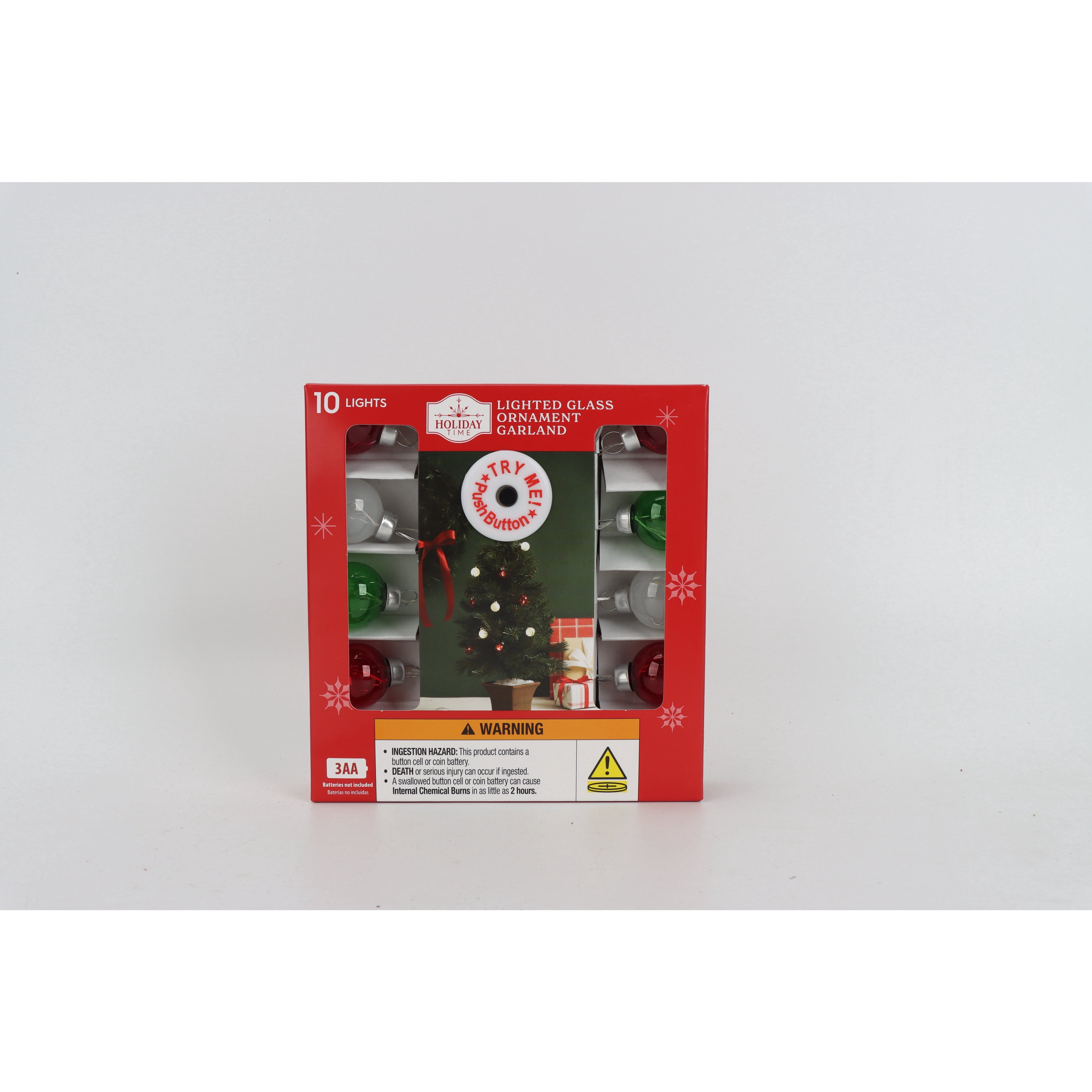 Battery-Operated Lighted Glass Ornament Garland with 10 LED Lights, Red/White/Green, 49", by Holiday Time