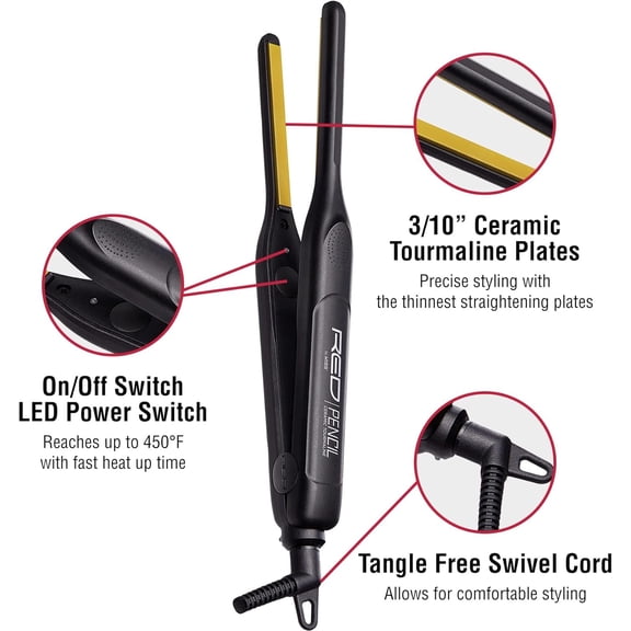 RED by KISS 3 Pcs Styling Essentials Set, 0.3 Ceramic Tourmaline Pencil Flat Iron, Extra Small Curling Iron, Heat Protectant Serum, for Edge Control, Tight Curls, Anti-Frizz, Damage Protection