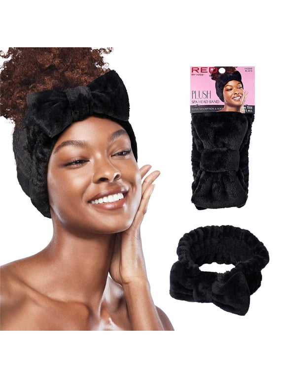 RED by Kiss Spa Headband for Washing Face Facial Makeup Bow Head Band Soft Plush Fleece Stretchy Head Wraps for Women Shower Bath Washing Face Mask (BLACK)