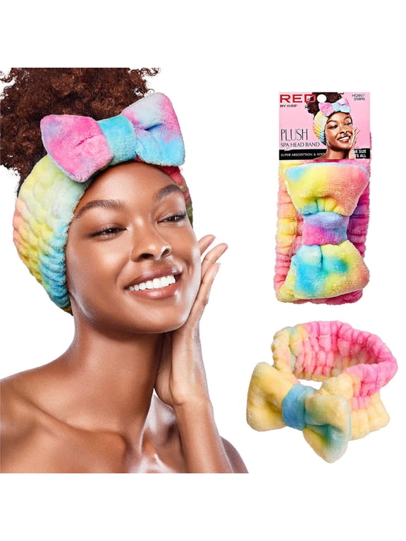 RED by Kiss Spa Headband for Washing Face Facial Makeup Bow Head Band Soft Plush Fleece Stretchy Head Wraps for Women Shower Bath Washing Face Mask (OMBRE)