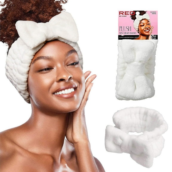 RED by Kiss Spa Headband for Washing Face Facial Makeup Bow Head Band Soft Plush Fleece Stretchy Head Wraps for Women Shower Bath Washing Face Mask (WHITE)