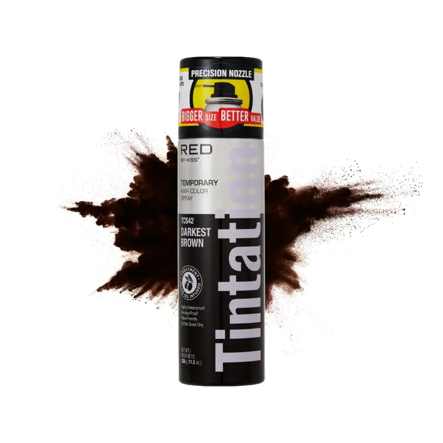 RED by Kiss Tintation Temporary Hair Color Spray, Extra Large Size, Instant Gray Root Cover Up, Water-Resistant, Smudge-Proof, Hairline & Barber Touch-Up, Quick Dry (Darkest Brown, 11.5 OZ)
