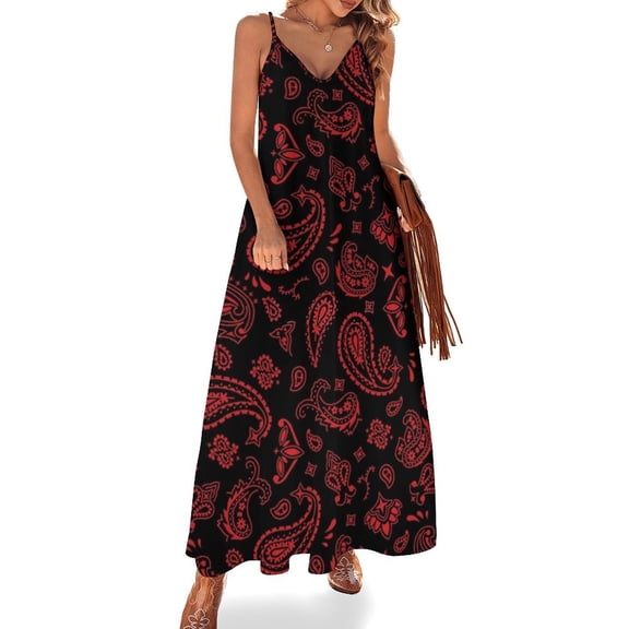 RED PAISLEY Velvet Edition Sleeveless Suspender Dress Summer Fashion Casual Long Dress