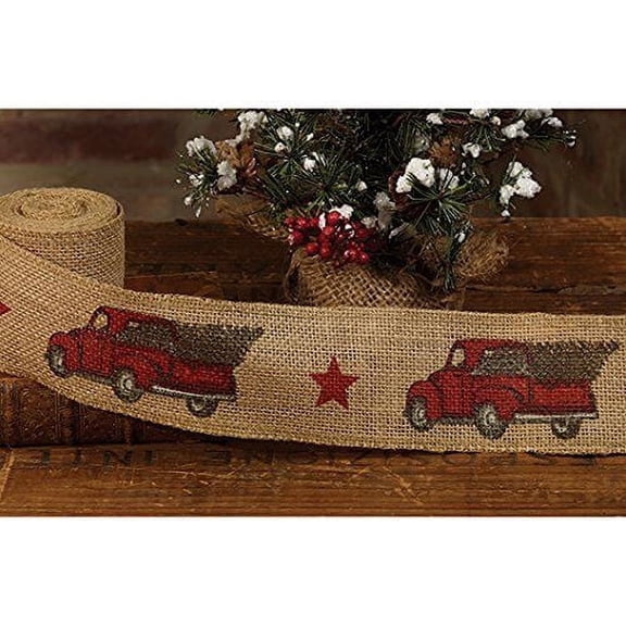 RED PICKUP TRUCK Burlap Christmas Ribbon, 2" by 10 Feet, by Country House