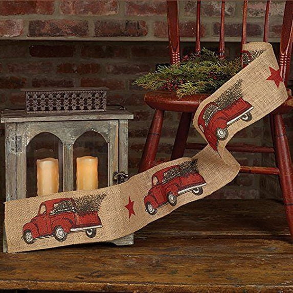RED PICKUP TRUCK Burlap Christmas Ribbon, 4" by 10 Feet, by Country House