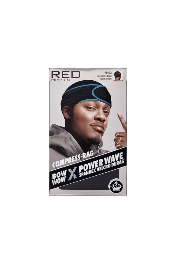 RED Premium Bow Wow X Power Wave Durag, 360 Wave Compression Cap for Men & Women, Adjustable Hook-and-Loop Strap, Stylish & Durable, Ideal for Locs, Braids, Finger Waves (Jumbo Spandex - Black/Blue)