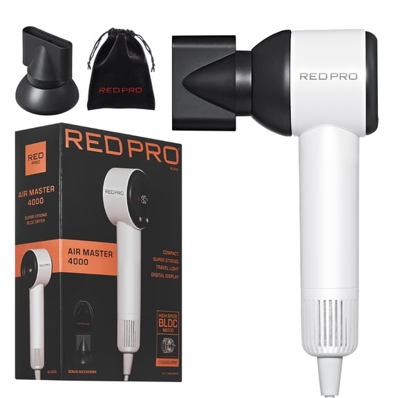 RED Pro Air Master 4000 High Speed BLDC Hair Dryer, 110,000 RPM Professional Brushless Motor for Fast Drying, 40% More Compact Lightweight Design with Smart Memory, Travel Essentials (White)
