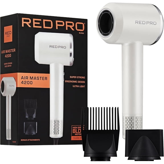 RED Pro Ultra-Lightweight Air Master 4200 Hair Dryer, High-Speed 110,000 RPM BLDC Motor, 3 Heat & 3 Speed Settings, Magnetic Nozzle & Styling Pik Attachments, Lightweight Blow Dryer (White)