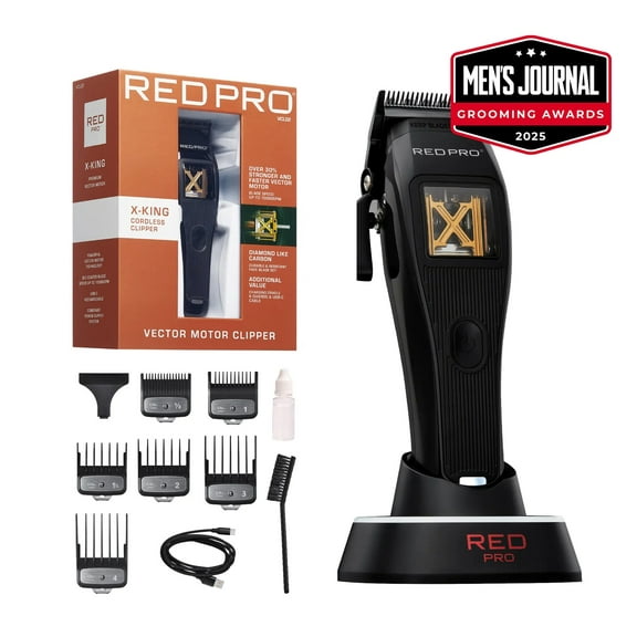 RED Pro X-King Cordless Hair Clipper For Men Hair Cutting, Strong & Fast Vector Motor, DLC Diamond Like Carbon Coated Blade, Rechargeable USB-C Charging Cradle, 6 Guards (Black)