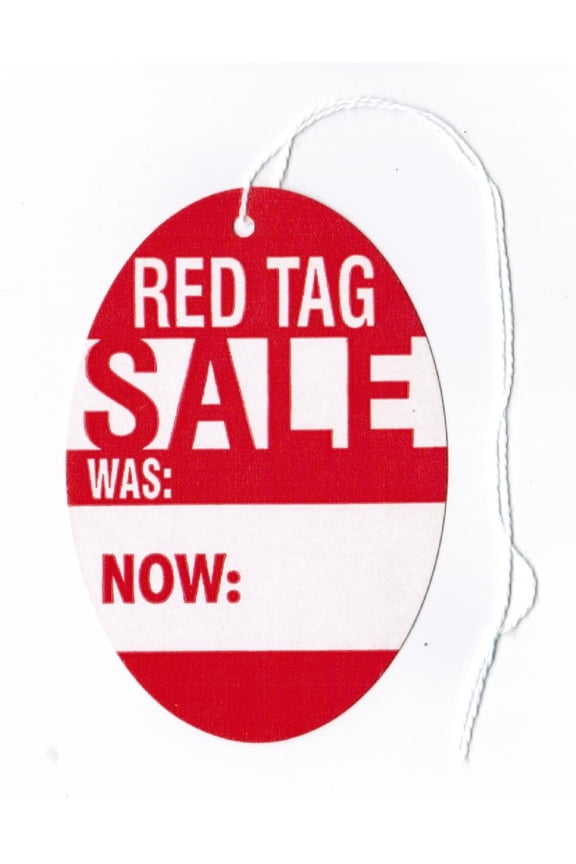 RED TAG Sale Oval Tags, 2-3/4" x 4", Red on White Card Stock, Hole, Pre-Strung - Pack of 25 Tags