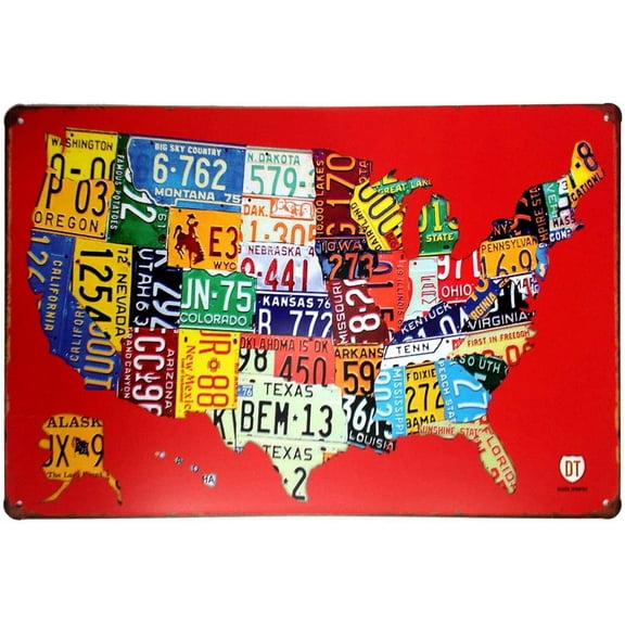 RED Us MAP Route 66 Retro Decor Metal Wall Plaque Vintage Tin Sign 12" X 8" Red