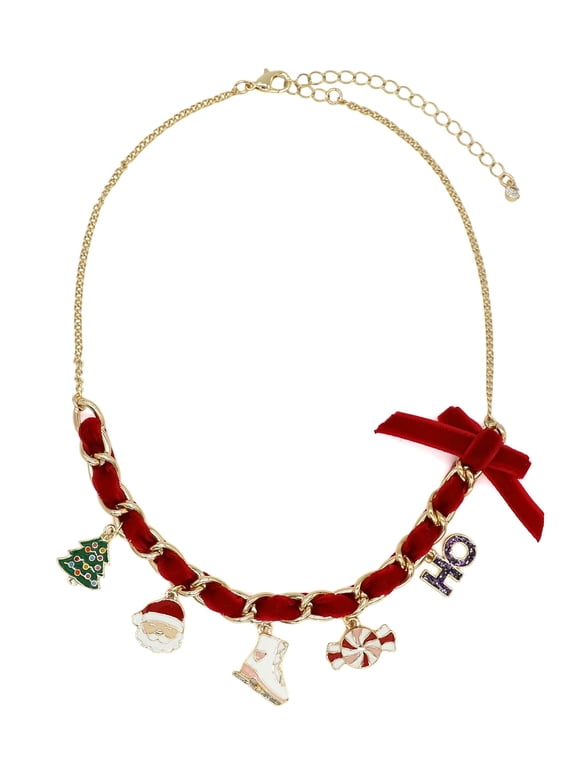 Gold-Tone Red Velvet Ribbon Chain Necklace