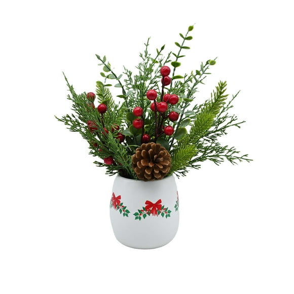 Artificial Plants and Berries in White Ceramic Pot Christmas Decoration, 13.5", by Holiday Time