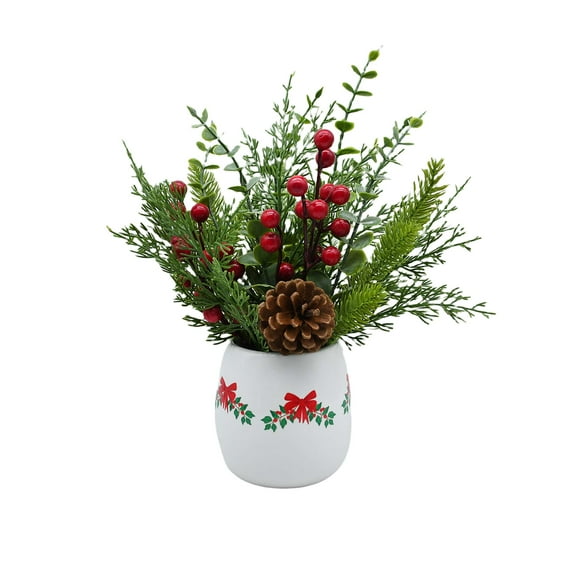 Artificial Plants and Berries in White Ceramic Pot Christmas Decoration, 13.5", by Holiday Time