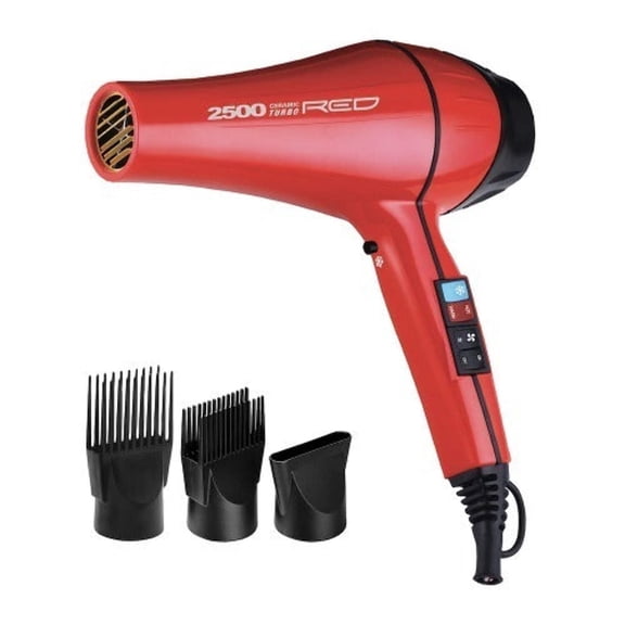 RED by KISS 2500 Ceramic Turbo Hair Blow Dryer Professional AC Motor with 25% More Airflow, 3 Heat/3 Speed Settings, Quiet Long-Life Design, Includes 3 Bonus Styling Attachments