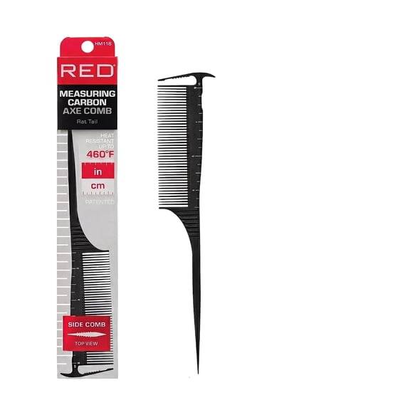 RED by Kiss Carbon Measuring Axe Rat Tail Comb, Heat-Resistant Sectioning Comb with Inch & Centimeter Markings for Braids, Locs & Precision Styling