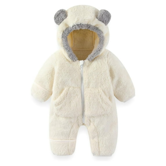 REDARER Baby Bear Jumpsuit Outfit with Fold Over Mittens Footies Girls Boys Winter Hooded Romper Snowsuit,Kids Clothing,Size:9-12 Months