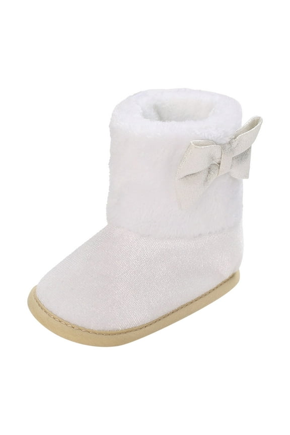 Baby Boots Bow Detail Pattern Design, Plush Lined Warm Non- Sole Booties for Infants, Comfortable Autumn Winter Shoes,Color:White,Size:12-18 Months