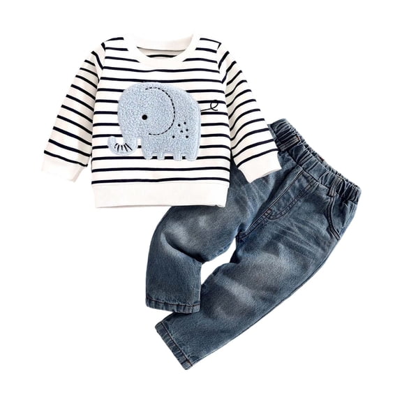 REDARER Baby Boy Elephant Stripe Long Sleeve Top & Denim Pants Set, Soft Casual Outfit for Autumn Playwear,6-9 Months
