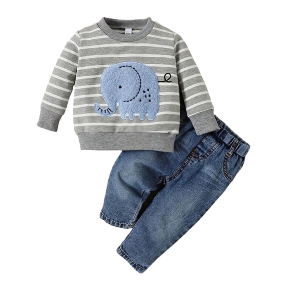 REDARER Baby Boy Elephant Stripe Long Sleeve Top & Denim Pants Set, Soft Casual Outfit for Autumn Playwear,6-9 Months