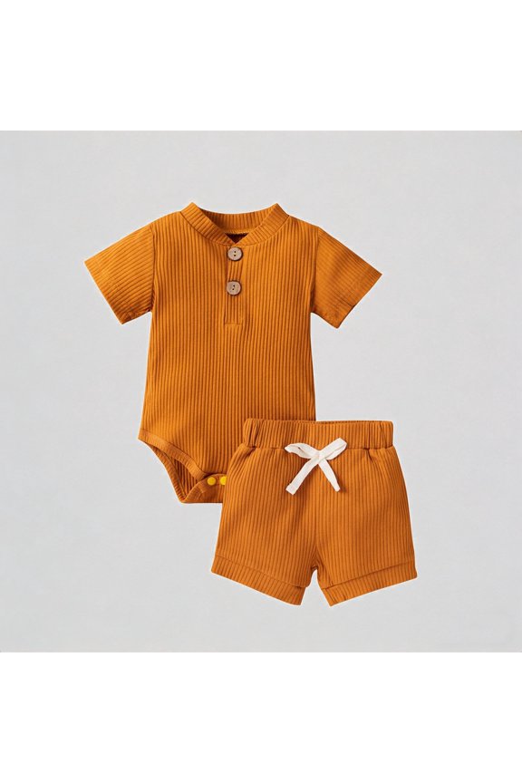 Baby Boys 2-Piece Outfit Ribbed Short Sleeve Henley Romper and Matching Drawstring Shorts,3-6 Months