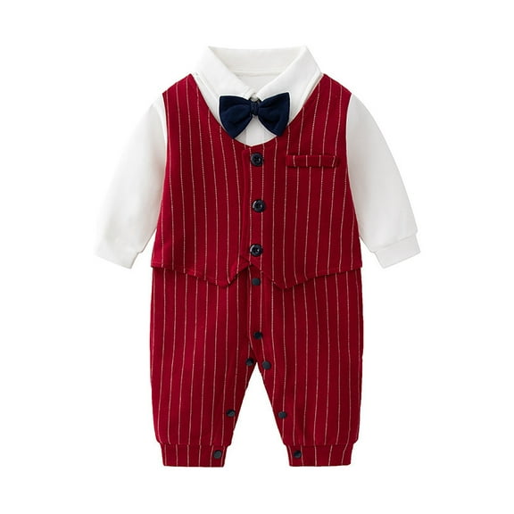 REDARER Baby Boys 3-Piece Formal Romper Set - Long Sleeve Tuxedo Jumpsuit with Bow Tie, 1st Birthday & Christening Outfit,Color:Z2 Red,Size:0-3 Months
