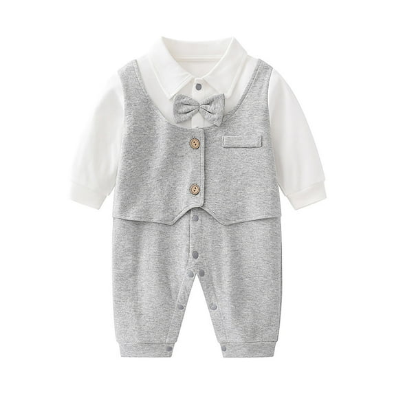 REDARER Baby Boys 3-Piece Formal Set - Long Sleeve Romper + Bowtie + Suspenders, Christening & 1st Birthday Outfit,Color:Z3 Grey,Size:0-3 Months
