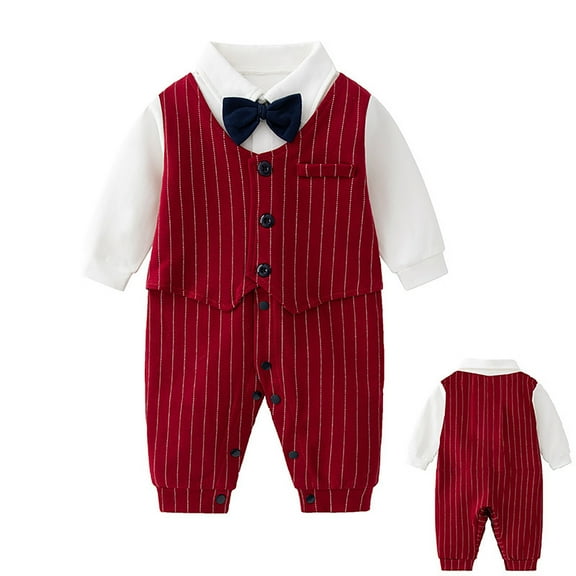 REDARER Baby Boys Formal Romper - Long Sleeve Tuxedo Jumpsuit with Bowtie, 1st Birthday & Christening Outfit,Color:Z4 Red,Size:0-3 Months