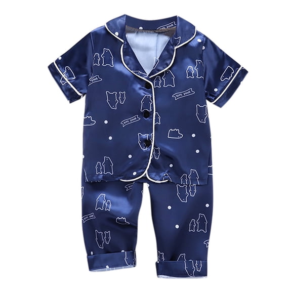 REDARER Baby Boys Girls Bear Print Satin PJs Lapel Short Sleeve Button Top Matching Pants Soft Silky Summer Sleepwear Set,18-24 Months