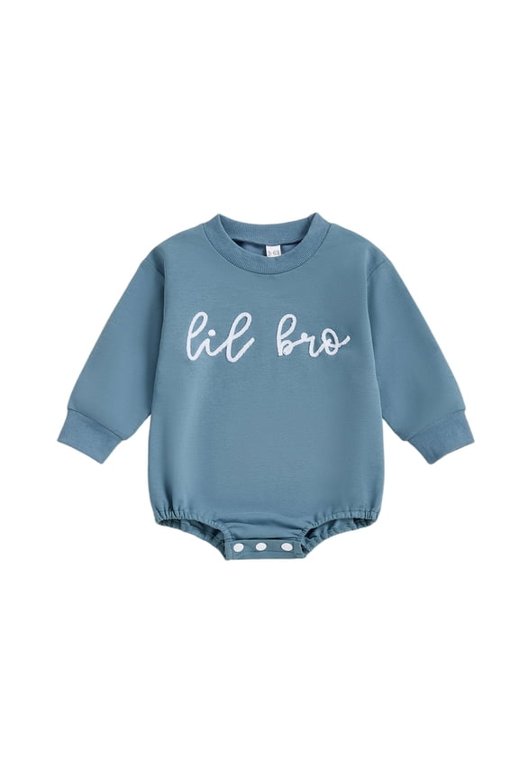 Baby Boys' Long Sleeve Bodysuit, 'Lil Bro' Embroidered Crew Neck Romper with Snap Closure,6-12 Months