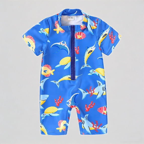 REDARER Baby Boys' Rash Guard Swimsuit – Underwater Animal Print, Short-Sleeve Full-Zip Design, Sun-Protective Beach Swimwear,6M