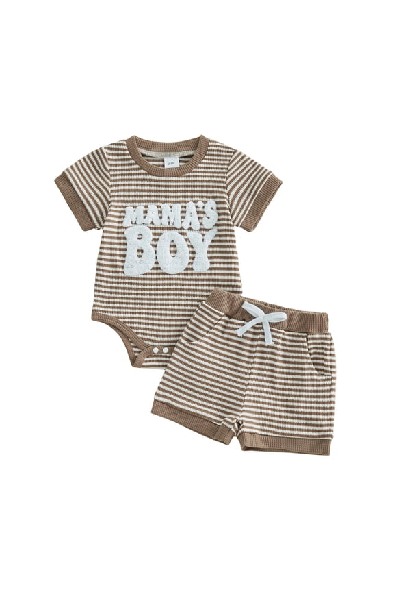 Baby Boys Stripe Waffle Knit "Mama's Boy" Romper & Shorts 2-Piece Outfit,0-3 Months