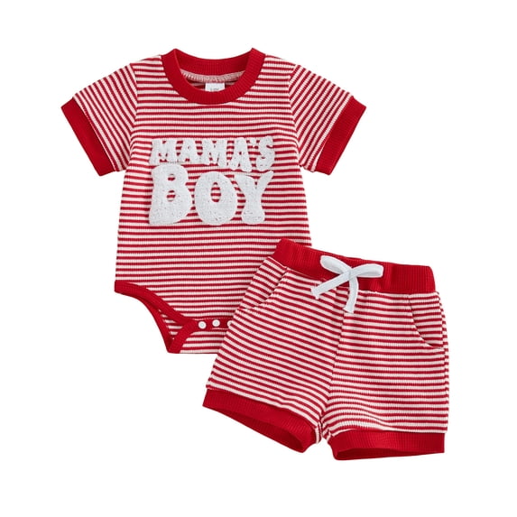 REDARER Baby Boys Stripe Waffle Knit "Mama's Boy" Romper & Shorts 2-Piece Outfit,6-9 Months